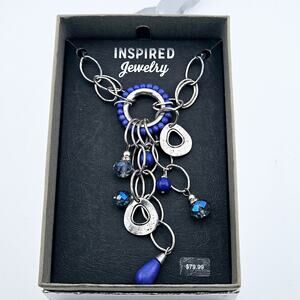 Beaded Drop Dangle Pendant Necklace Navy Blue With Silver Chain Artsy Festival
